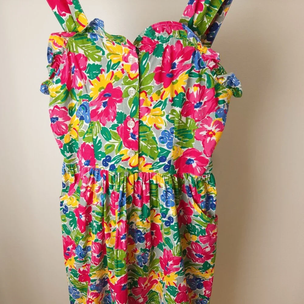 Vintage tropical cotton floral sleeveless midi dress, ruffle sweetheart neckline - Picture 11 of 13